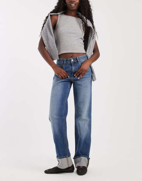 Vero Moda Coline jean droit taille mi-haute à revers en denim bleu foncé - view 1
