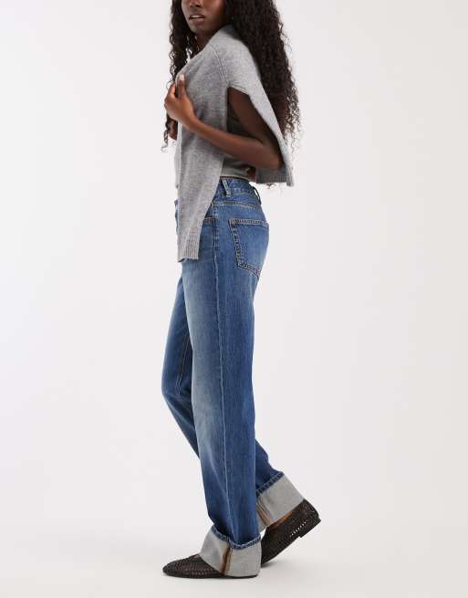 Vero Moda Coline jeans med lige ben og mellemhøj talje med opsmøg i mørkeblå denim, 2 af 5