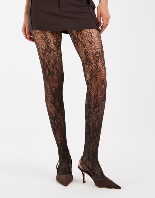 Vero Moda collant con dettagli in pizzo marrone cioccolato