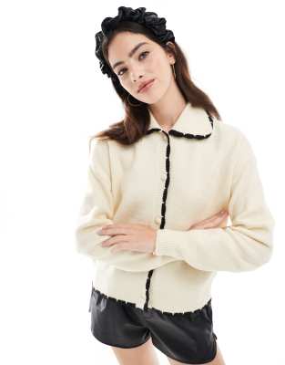 collar detail cardigan with contrast tipping in cream-White