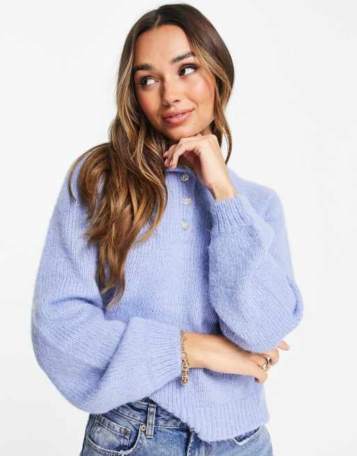 Vero Moda collar detail puff sleeve jumper in blue, 2 of 4