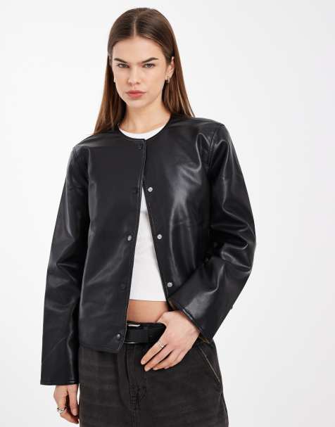 Vero Moda collarless faux leather short jacket with quilted lining in black - view 1