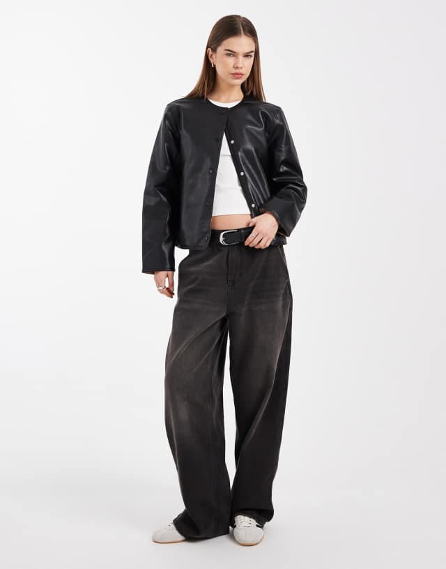 Vero Moda collarless faux leather short jacket with quilted lining