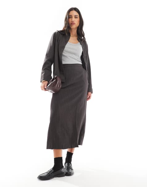 Vero Moda column maxi skirt co-ord in dark grey pinstripe - view 1
