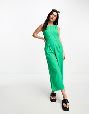 Vero Moda linen touch tie back jumpsuit with pleat front wide leg in green - ASOS Price Checker