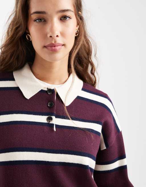 Vero Moda - Compact gebreide rugbytop in bordeauxrood met witte streep , 2 van 4