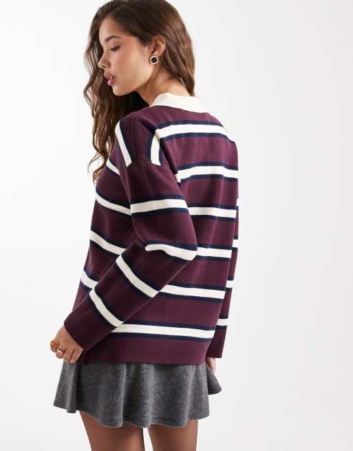 Vero Moda - Compact gebreide rugbytop in bordeauxrood met witte streep , 4 van 4