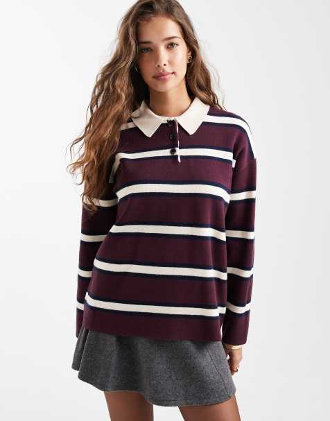 Vero Moda compact knit rugby top in burgundy and white stripes - view 1