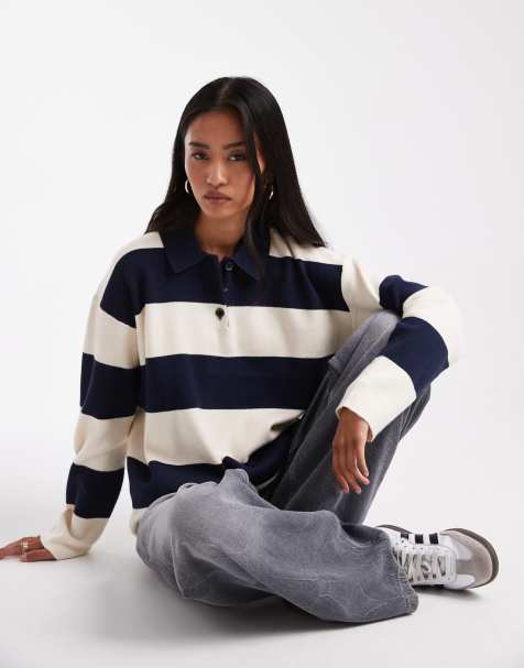 Vero Moda compact knit rugby top in navy and white stripes - view 1