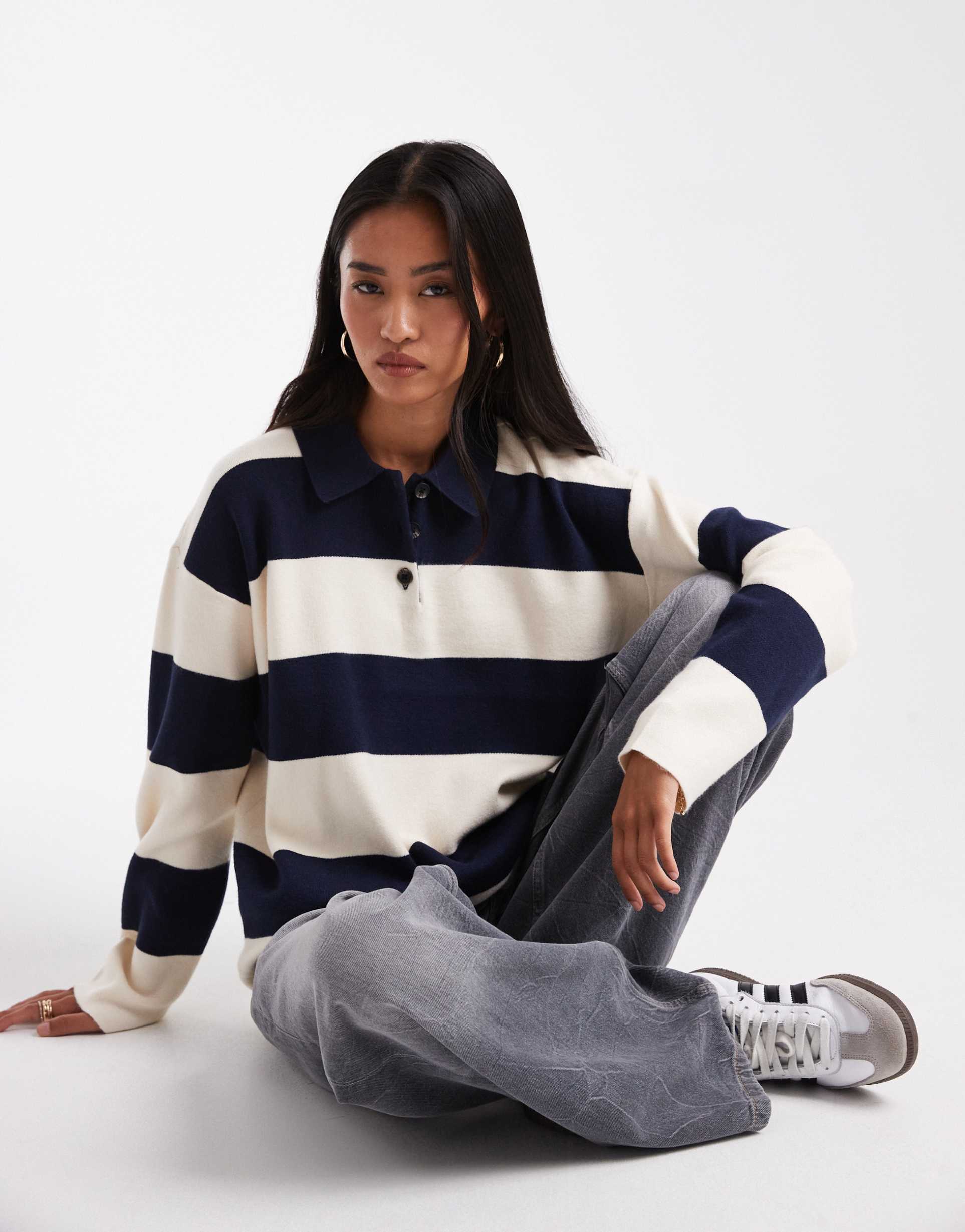 vero moda compact knit rugby top in navy and white stripes