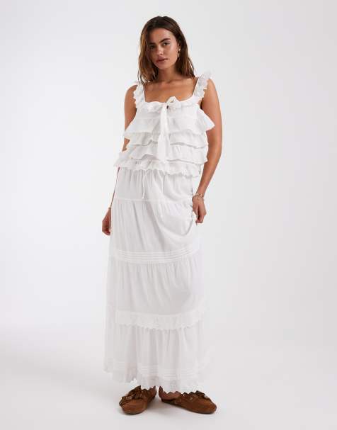 Vero Moda - Completo bohémien bianco con canottiera a balze e gonna lunga con volant e dettagli in pizzo - view 1