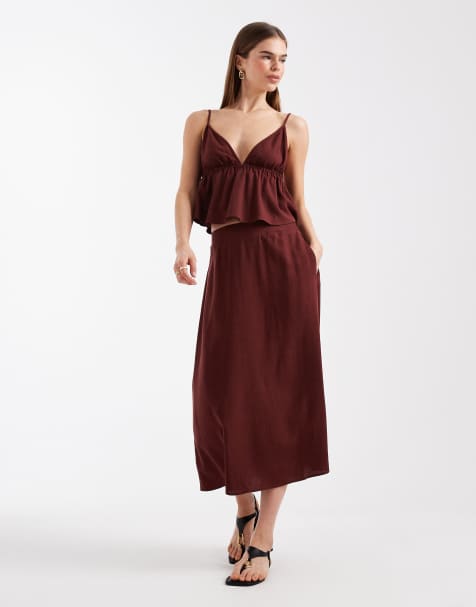 Vero Moda - Completo effetto lino bordeaux con top con spalline sottili e gonna midi - view 1