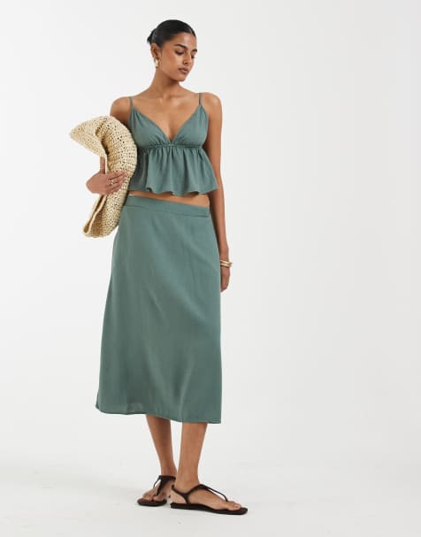 Vero Moda - Completo effetto lino verde con top con spalline sottili e gonna midi - view 1