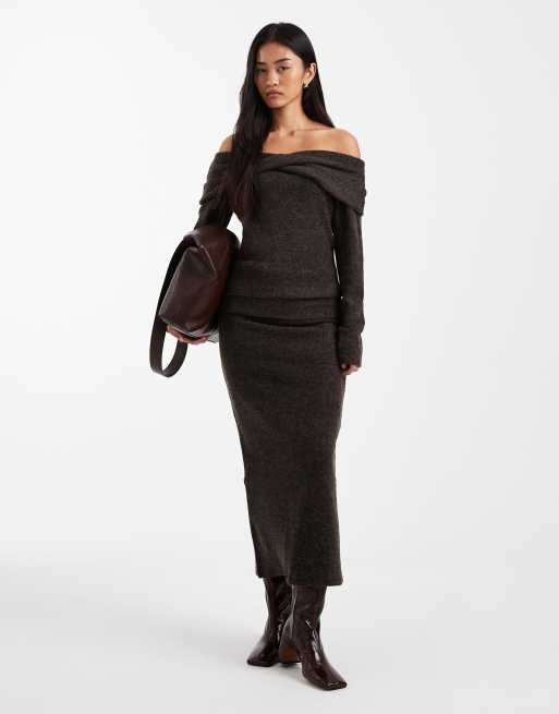 Vero Moda - Completo morbido al tatto color cioccolato mélange composto da top a maniche lunghe con spalle scoperte e gonna midi con fascia in vita risvoltata