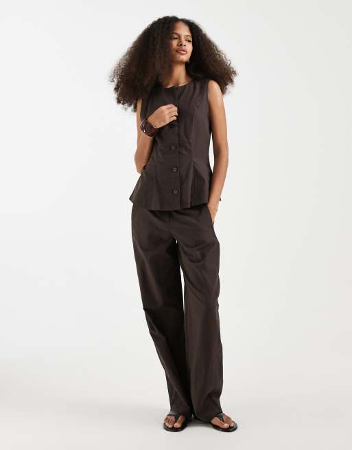 Vero Moda - Completo sartoriale effetto lino color cioccolato con gilet e pantaloni bombati