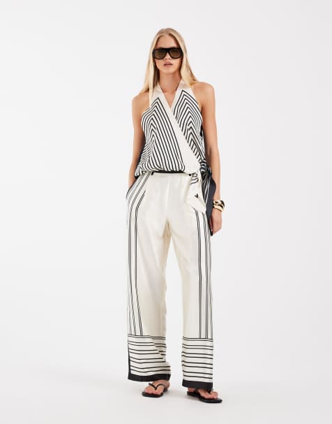 Vero Moda - conjunto de pantalón palazzo de pernera ancha con estampado abstracto en crema - view 1