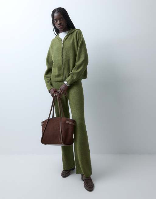 Vero Moda conjunto de sudadera de punto con capucha y cremallera delantera en verde musgo jaspeado, 3 de 4