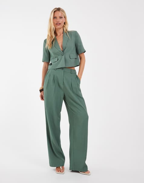 Vero Moda - Conjunto verde laurel de americana corta de manga corta y pantalones de sastre de pernera ancha con pinzas delanteras - view 1