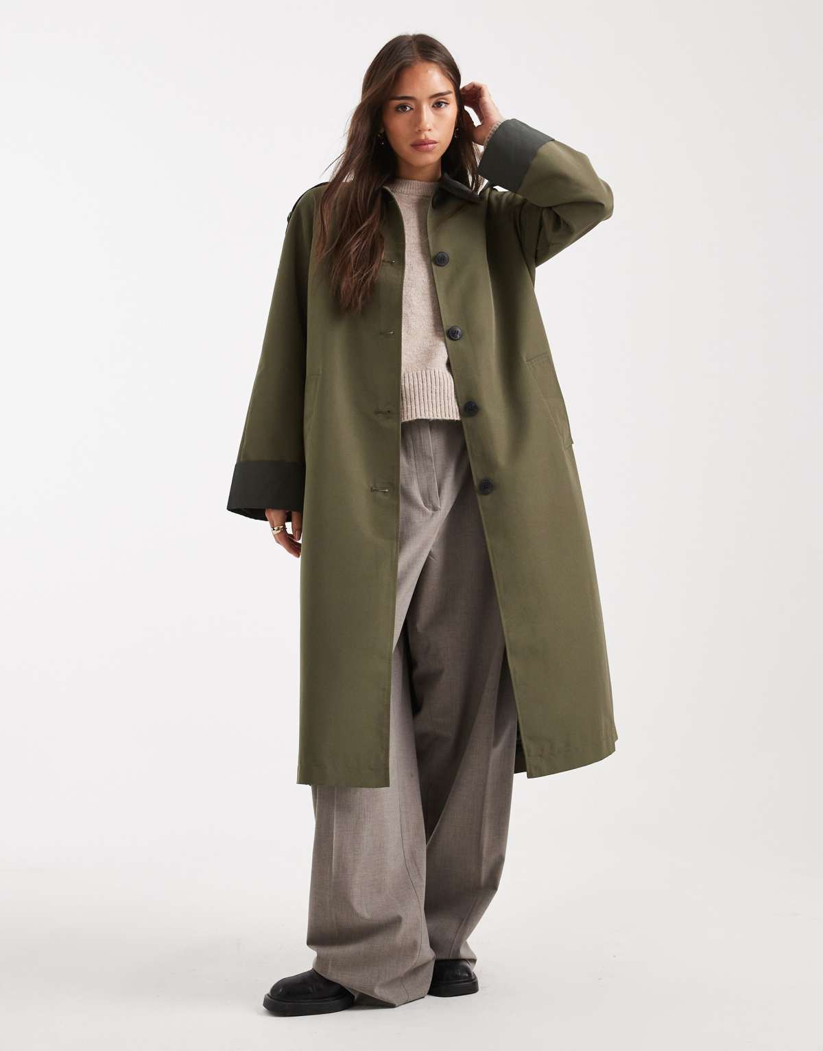 Vero Moda contrast collar button down trench coat in khaki