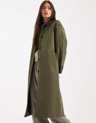 Vero Moda Contrast Collar Button Down Trench Coat In Green