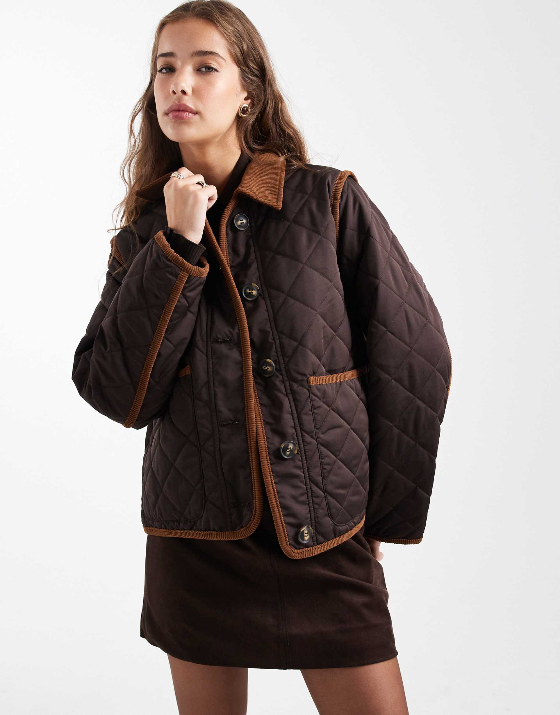 vero moda contrast collar quilted jacket in chocolate brown