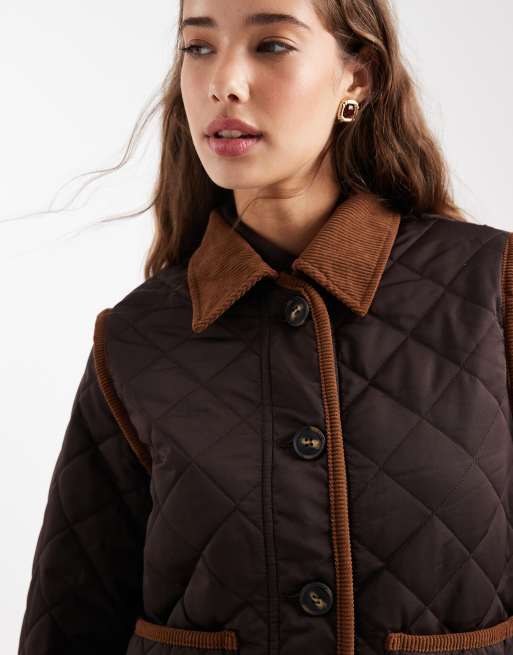 Vero Moda contrast collar quilted jacket in chocolate brown, 3 of 4