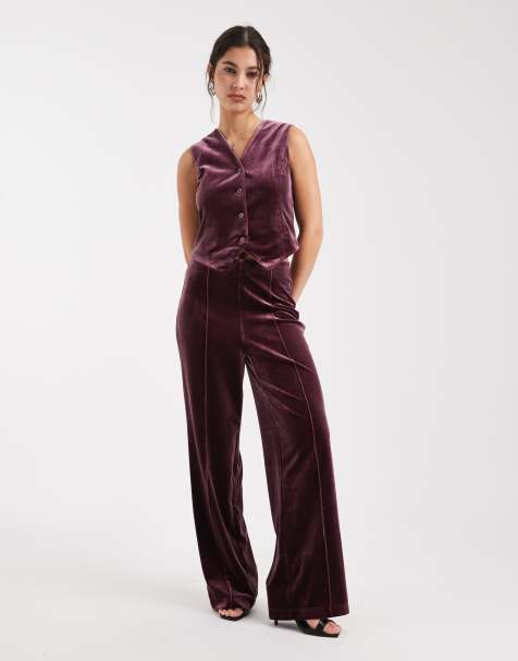 Vero Moda - Coordinato bordeaux in velluto con gilet e pantaloni a fondo ampio - view 1