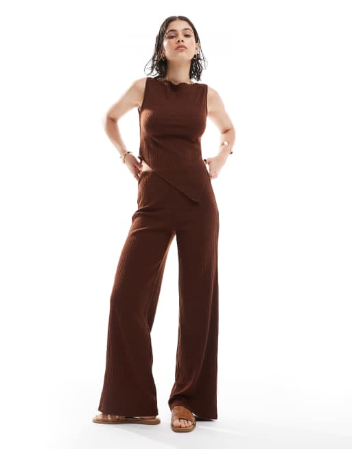 Vero Moda - Coordinato color cioccolato a coste con top senza maniche e pantaloni