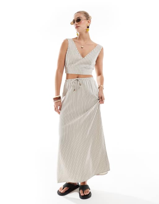 Vero Moda - Coordinato color pietra a righe in misto lino con crop top e gonna lunga