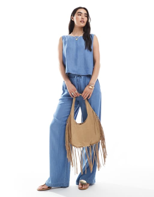 Vero Moda - Coordinato in chambray blu con top allacciato sul davanti e pantaloni con fondo ampio