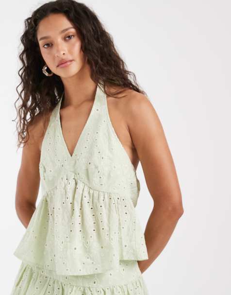Vero Moda cotton broderie halter neck top in pale fog green - part of a set - view 1