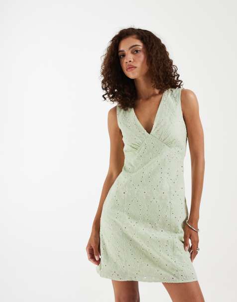 Vero Moda cotton broderie v neck mini dress in pale fog green - view 1
