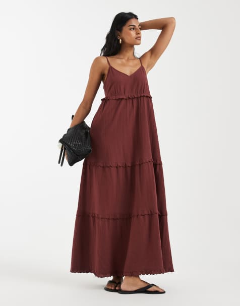 Vero Moda cotton cami tiered maxi dress with scallop edge detail in andorra red - view 1