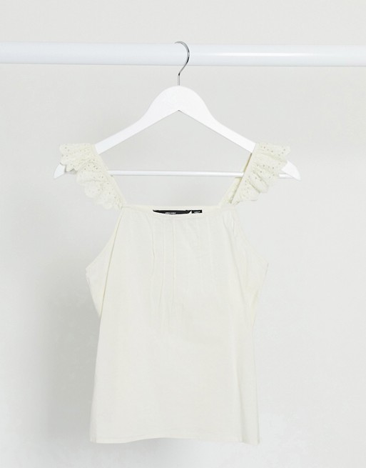 Vero Moda cotton cami top with broderie frill sleeves in cream