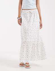 Vero Moda cotton dobby tiered boho maxi skirt in white with ditsy blue floral print