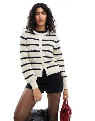 cotton knit striped cardigan in cream-White