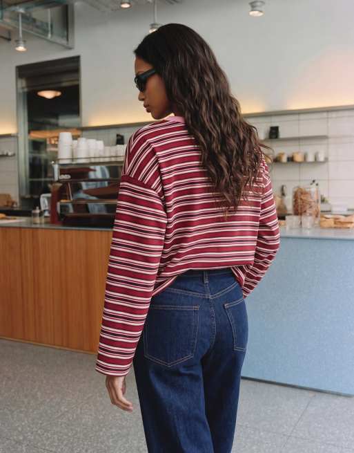 Vero Moda cotton oversized long sleeve T-shirt in pink and red stripes, 3 of 3