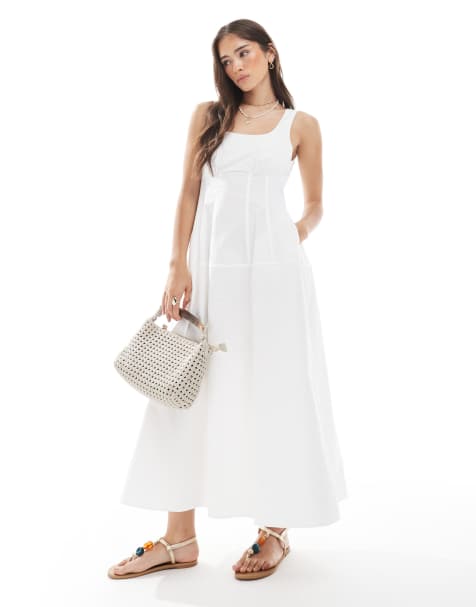 Vero Moda cotton poplin midi dress with cinched in waist detail in white - view 1