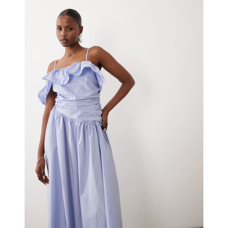 Vero Moda cotton poplin one shoulder ruched midi dress in blue | ASOS