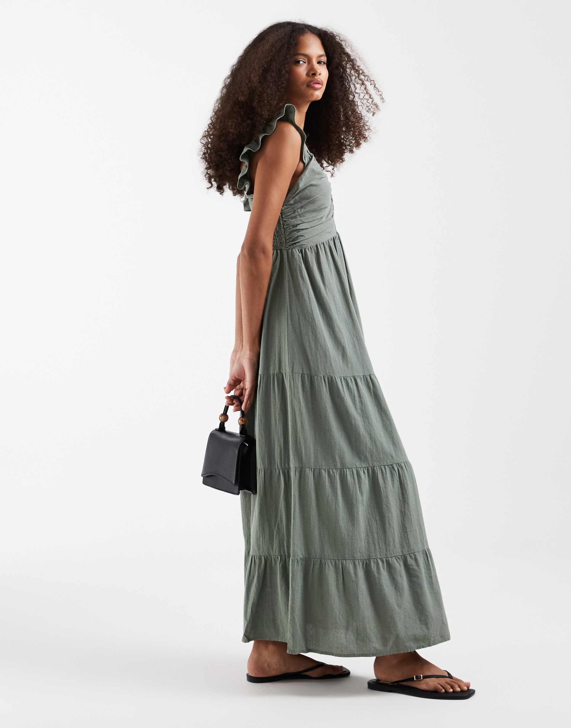 vero moda cotton ruched plunge front tiered maxi dress in laurel green