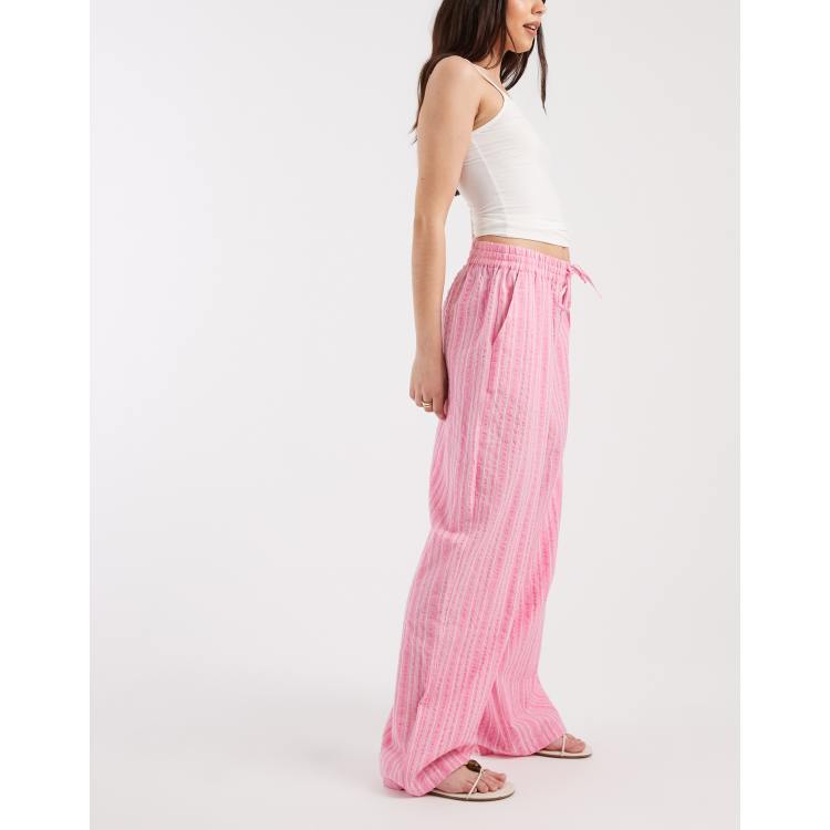Vero Moda cotton seersucker tie waist wide leg pants in pink