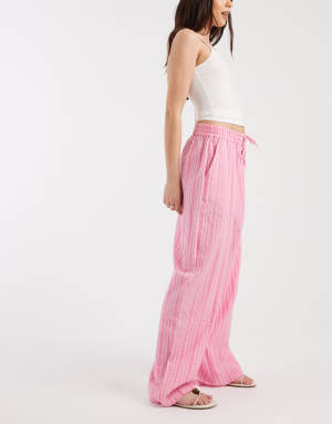 Vero Moda cotton seersucker tie waist wide leg trouser in pink stripe print