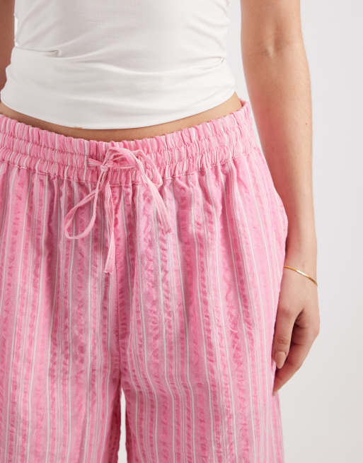 Vero Moda cotton seersucker tie waist wide leg trouser in pink stripe print, 3 of 5