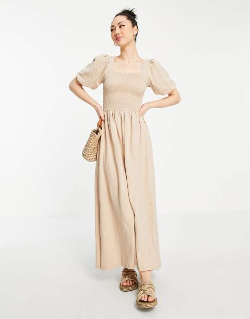 verjaardag Mooie vrouw Gezond eten Vero Moda cotton shirred maxi dress with puff sleeves in beige - BEIGE |  ASOS