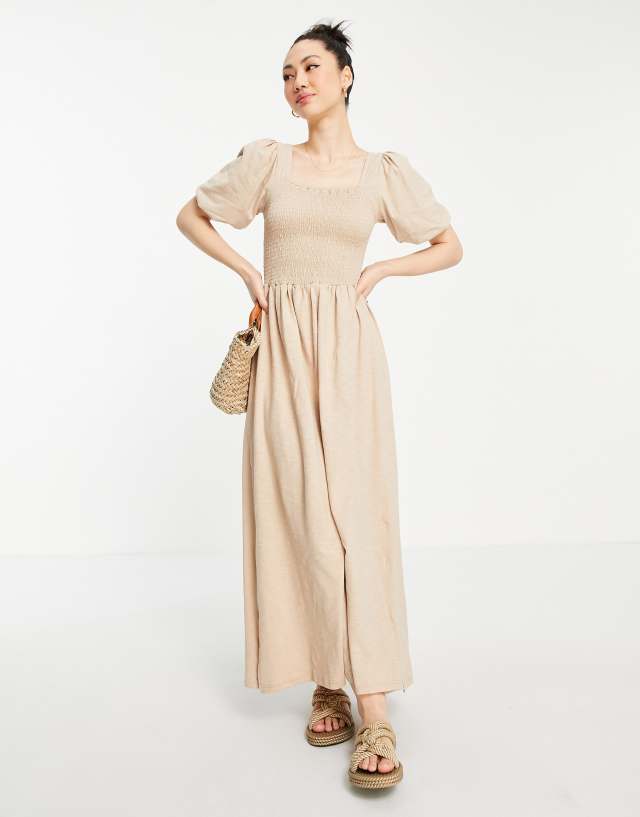 Vero Moda cotton shirred maxi dress with puff sleeves in beige - BEIGE