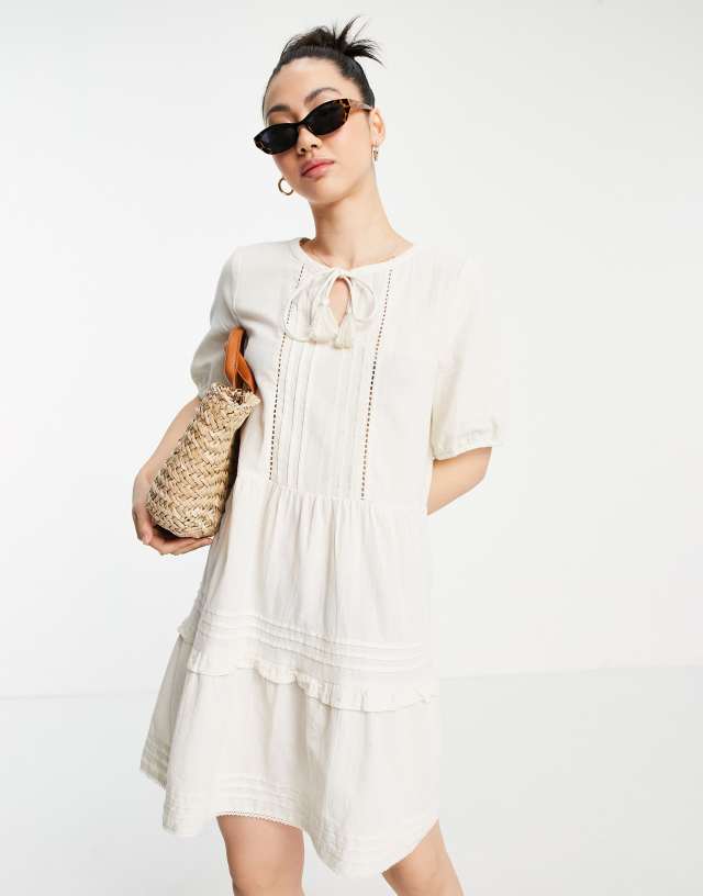 Vero Moda cotton tie neck detail mini smock dress in off white - WHITE