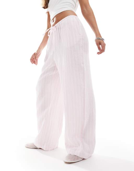 Vero Moda cotton wide leg pants in pale pink stripes , 3 of 5