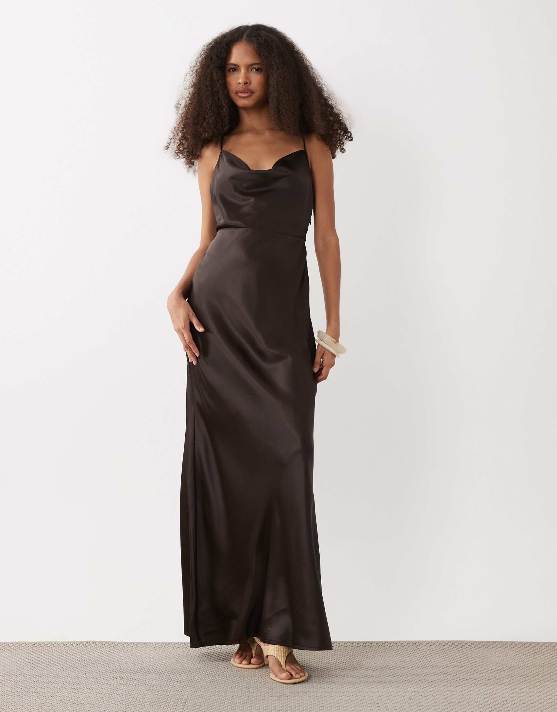 vero moda cowl neck satin cami midi dress with scarf detail in chocolate brown
