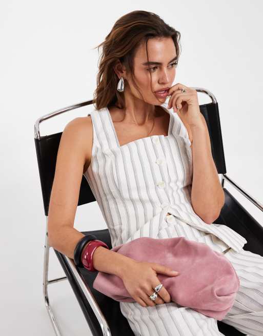 Vero Moda - Cremefarvet og blåstribet sæt med bukser med lige ben og vest med firkantet halsudskæring og asymmetrisk knapstolpe, 2 af 3