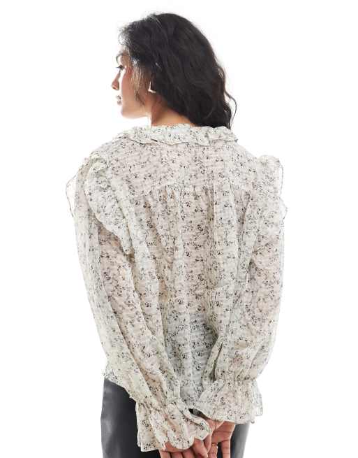 Vero Moda - Cremehvid boho-bluse med flæsekanter og blomstermønster, 3 af 4